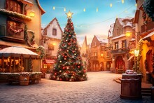 Traditional Christmas Village In The Snow. With Huge Decorated Christmas Tree Winter Village Landscape. Celebrate The Christmas And New Year Holidays Christmas Card. Christmas Concept