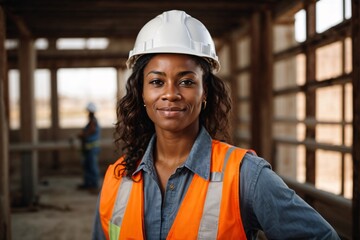 Wall Mural - A portrait of a proud, strong, and skilled female African American construction worker wearing a hard hat. Generative Ai.