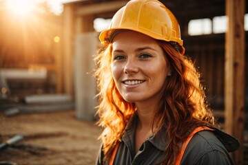 Wall Mural - A portrait of a proud, strong, and skilled redhead female smirking construction worker wearing a hard hat during autumn sunset with sun flares in the background. Generative Ai.