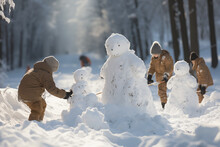 Children Building Snowman In Winter From White Snow