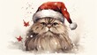 Christmas cat in Santa Claus hat portrait. Christmas post card illustration with snow and red decor on warm beige background. Horizontal banking poster background for ad. Photo AI Generated