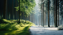 Dual Seasons In One Forest: Lush Warmth Meets Wintry Cold, Atmospheric Background