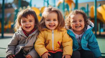 Sticker - Group of preschoolers talking and playing on the playground outside