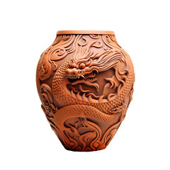 Wall Mural - Terracotta vase with a Chinese lucky animal dragon pattern on a transparent background PNG