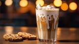 Fototapeta Do pokoju - latte macchiato with marshmallows and cookies in cafe. Caffeine Concept With Copy Space