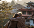 Senior couple lovingly embracing taking in the view of their freshly acquired house