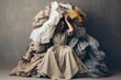 Woman in a pile of clothes. Shopping addiction, clothing industry pollution, used clothes, fast fashion, sustainability, second hand, recycling concept, overabundance, reuse of garment