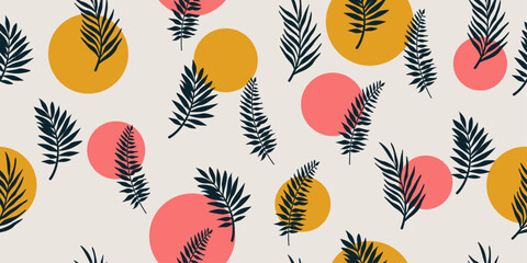 Aufkleber - White background and bright shapes with plant leaves. Silhouettes of branches with leaves on a background of red and yellow circles.