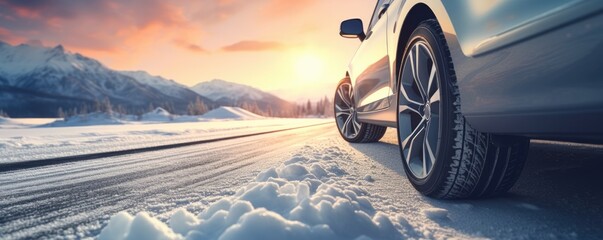 Luxury winter sports car tires near snowy road high in mountains, panorama. Generatve Ai