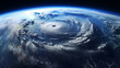 View from the space station of hurricane on planet Earth. Hurricane manifests as spiral formed by powerful clouds and stormy surface winds. Power and strength of natural phenomenon. Copy space.