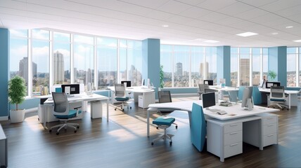 Wall Mural - Inspiring office interior design Modern style Corporate Office with Open Space Design featuring Floor-to-ceiling windows architecture. Generative AI AIG 31.