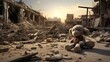 a child’s toy lying amidst the rubble of a bombed building, illustrating the impact of war on the most innocent
