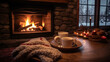 Cozy couch adorned with plush blankets, set against the warm ambiance of a flickering fireplace