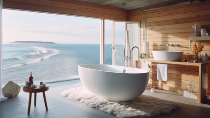 The interior design of minimal wooden bathroom in white and light brown tone color with the ocean view. Generative AI image AIG30.