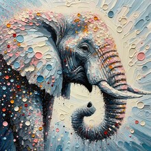 Textured Polka Dot Painting, Elephant, Colorful Raindrops, Raised Trunk, Impressionistic.