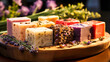 Soaps from different fragrances on wooden plate,