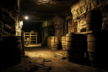 Old Musty Barrels In A Dark And Abandoned Cellar