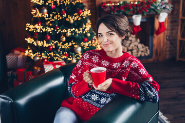 Poster - Teatime raspberry beverage drink cup young girl sit leather couch relaxing xmas traditional isolated on christmas tree indoors background