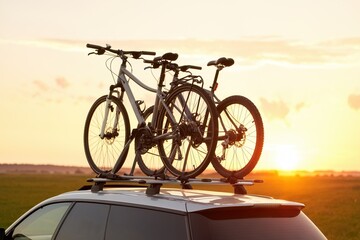 Passenger car with two bicycles mounted to the roof. Roof-mounted bikes. Sports equipment transportation.