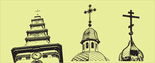The Roof Of The Church With A Cross, A Clock. Vector Graphics, Eps