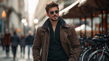 Cool Male Model, Handsome Man Walking In The City - Generative Ai