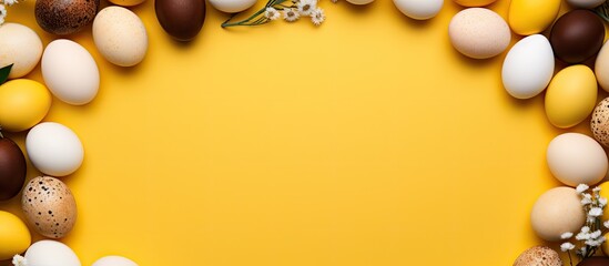 Poster - Circular Easter Frame with painted eggs on yellow background