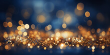 Festive Magic Gold Flying Glitter On Dark Blue Background  With Sparkles And New Year's Bokeh For Cards Or Wallpapers 