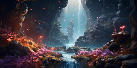 Wall Mural - waterfall defying gravity, flowing upwards, surrounded by floating rocks and glowing flora, dream-like colors