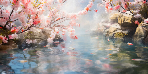 Wall Mural - Watercolor abstraction, koi pond in a Japanese garden, fleeting and dreamy brush strokes, spring cherry blossoms