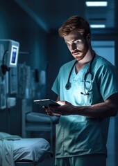 Wall Mural - Portrait of handsome men doctor working in modern hospital, banner panorama. Generative Ai.