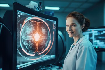 Wall Mural - Portrait of pretty doctor working in modern hospital at mri ct xray scan.  Generative Ai.