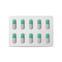 Wall Mural - Vector Realistic Pharmaceutical Medical White and Green Pills, Vitamins, Capsule in Blister Closeup Isolated. Pills in Blister Packaging Design Template. Front View. Medicine, Health Concept