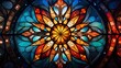 Radiant Kaleidoscope Mandala Stained Glass Window Design - Vibrant Symmetrical Pattern for Spiritual and Artistic Stock Photography