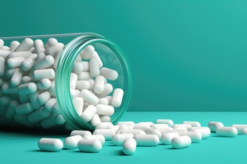 Many pills pilled of jar together, pain relief and addiction colorful concept. Generative Ai