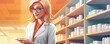 Proffesional pretty pharmacist portrait at pharmacy work with pills panorama banner. Generative Ai.