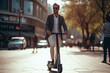 Modern businessman riding electric scooter while commuting to work in city.