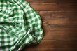 Green and white checkered tablecloth on a wooden table. Generative AI