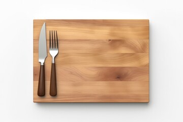 Wall Mural - Wooden board with fork, knife, white background. Generative AI