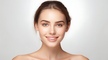 Wall Mural - Portrait of young happy woman looks in camera. Skin care beauty, skincare cosmetics, dental concept isolated over white background 