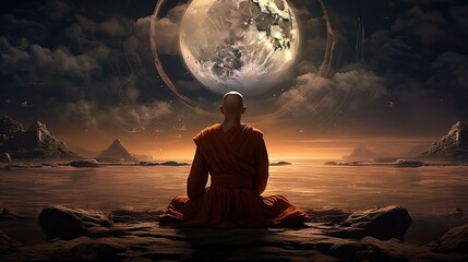 Wall Mural -  a man sitting on a rock in the middle of a body of water with a full moon in the background.  generative ai