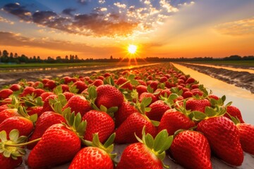 Red fresh strawberries in a row grow in the field, sunset light. Generative Ai.