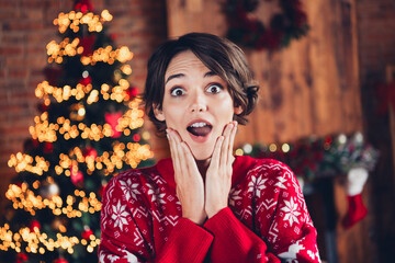 Poster - Portrait of funny surprised santa claus helper girl wear red ornament sweater hands cheeks shock isolated over xmas tree garland background