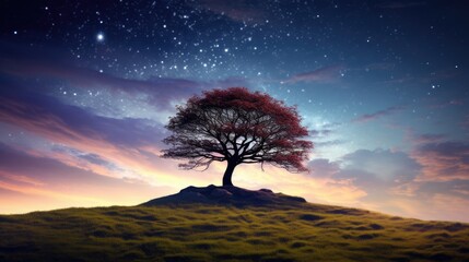Wall Mural -  a lone tree sitting on top of a hill under a night sky filled with stars and a star filled sky.  generative ai