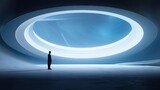Fototapeta  -  a man standing in the middle of a room with a circular light at the end of the room and a circular light at the end of the room.  generative ai
