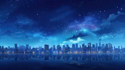 Canvas Print -  a view of a city at night with stars in the sky and a reflection of the city in the water.  generative ai