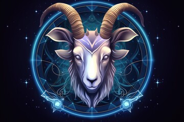 Wall Mural - Zodiac sign of capricorn head with magic light in star wheel , horoscope. Generative Ai.