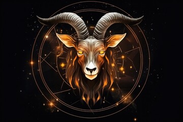 Wall Mural - Zodiac sign of capricorn head with magic light in star wheel , horoscope. Generative Ai.