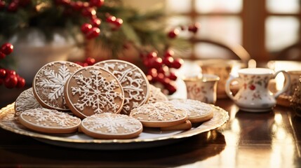 Sticker -  a plate of cookies sitting on a table next to a cup of coffee and a vase with red berries on it.  generative ai