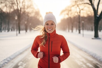 Wall Mural - Portrait of a pretty woman in a park. Runner. New Year resolutions.