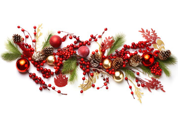 Elegant Christmas decoration garland of festive ornaments crimson berries pinecones and green pine needles. Winter holiday concept